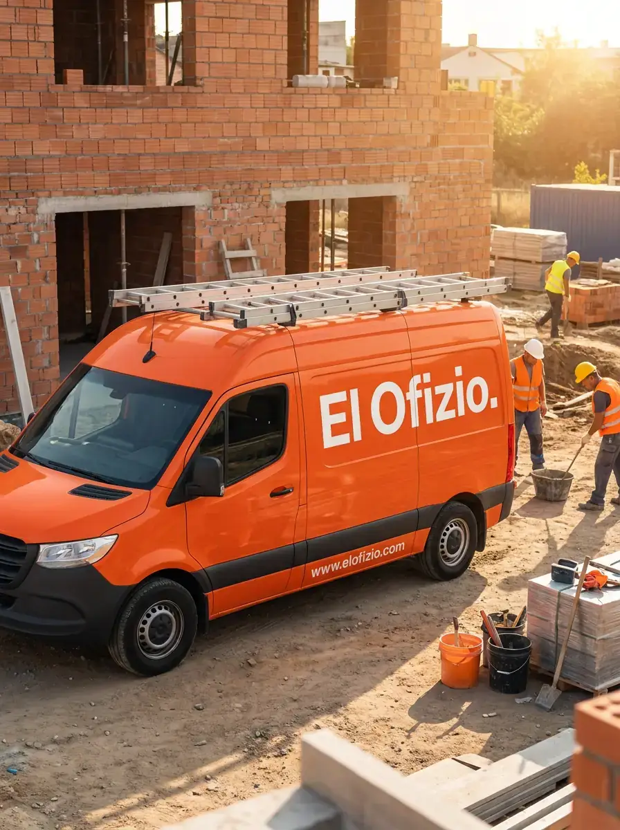 Furgoneta de El Ofizio aparcada en una obra en Alicante