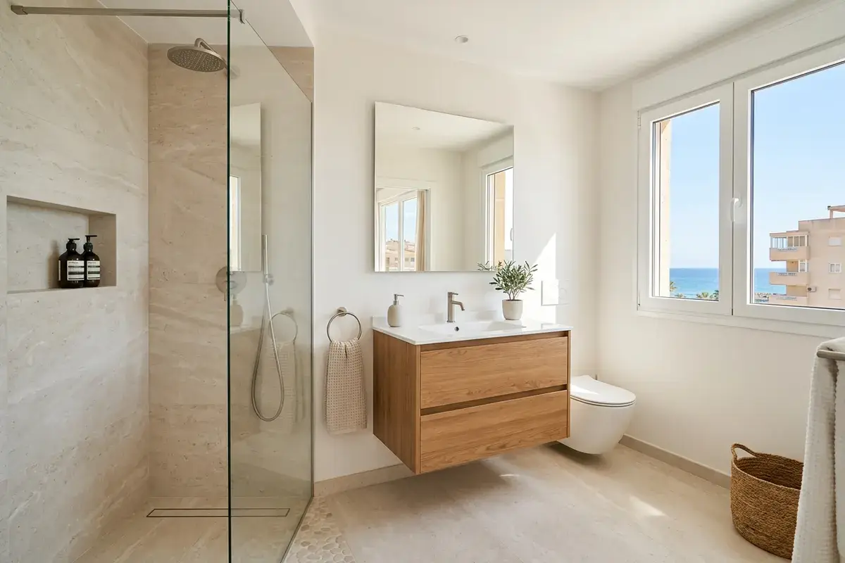 Baño reformado con ventana en un apartamento de Torrevieja, Alicante