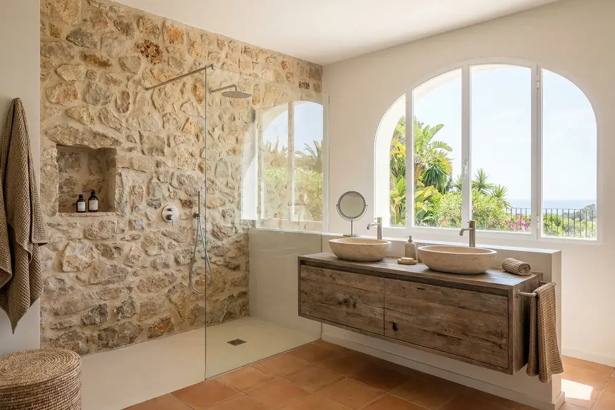 Baño reformado con piedra natural en una villa de Jávea (Xàbia), Alicante