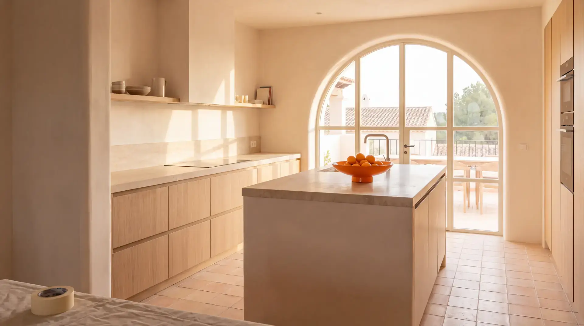 Cocina reformada con isla y ventanal en una vivienda de El Campello, Alicante