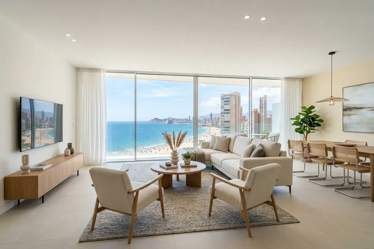 Salón reformado con ventanal en un apartamento en altura de Benidorm, Alicante