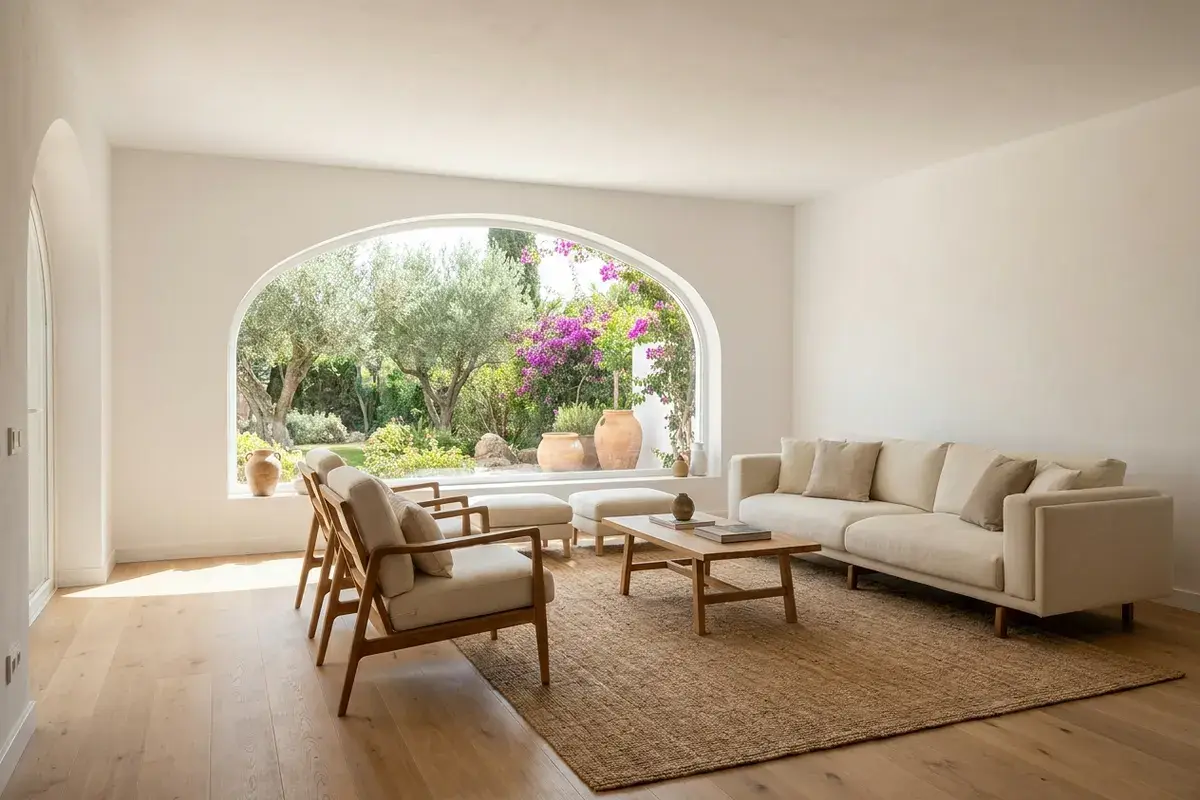 Salón reformado con luz natural en una vivienda de Dénia, al pie del Montgó