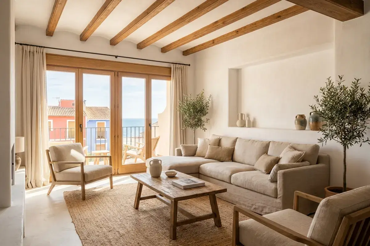Salón reformado con balcón y luz de mar en una vivienda de Villajoyosa, Alicante